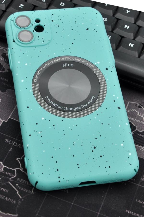 iPhone 11 Uyumlu Mint Yeşil Benekli Desenli İnce Sert Kapak Kılıf Kamera Lens Korumalı - Image 1
