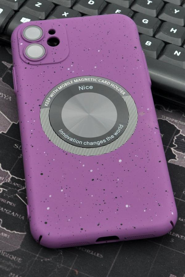 iPhone 11 Uyumlu Mor Benekli Desenli İnce Sert Kapak Kılıf Kamera Lens Korumalı - Image 1