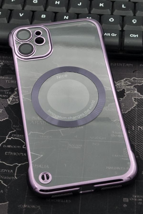 iPhone 11 Uyumlu Mor Renkli İnce Kenarlı Şeffaf Sert Kapak Kılıf - Image 1