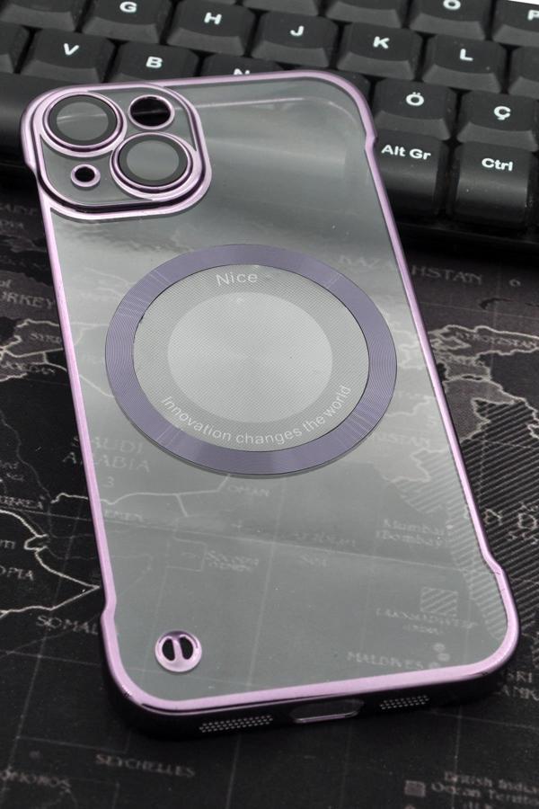 iPhone 13 Uyumlu Mor Renkli İnce Kenarlı Şeffaf Sert Kapak Kılıf - Image 1