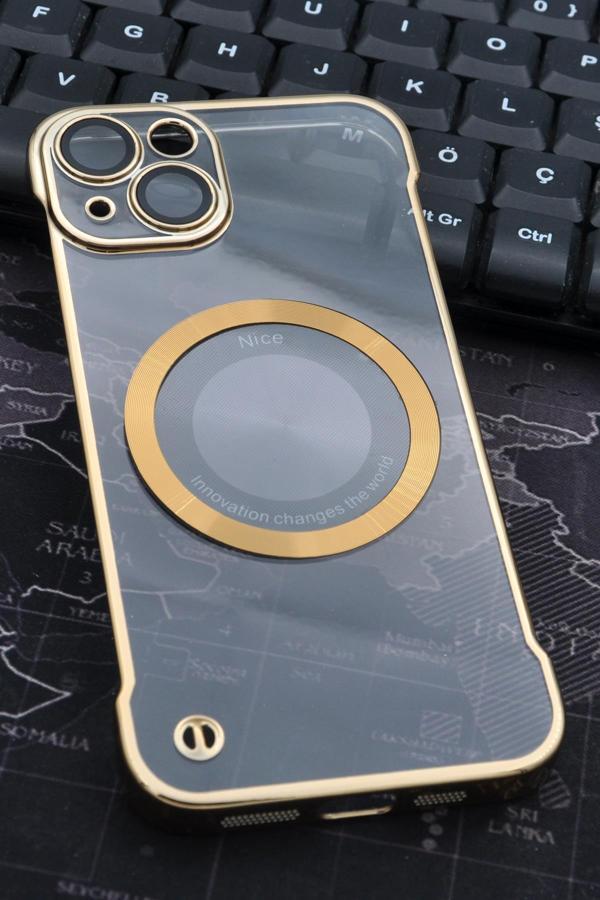 iPhone 14 Uyumlu Altın Sarı Gold Renkli İnce Kenarlı Şeffaf Sert Kapak Kılıf - Image 1