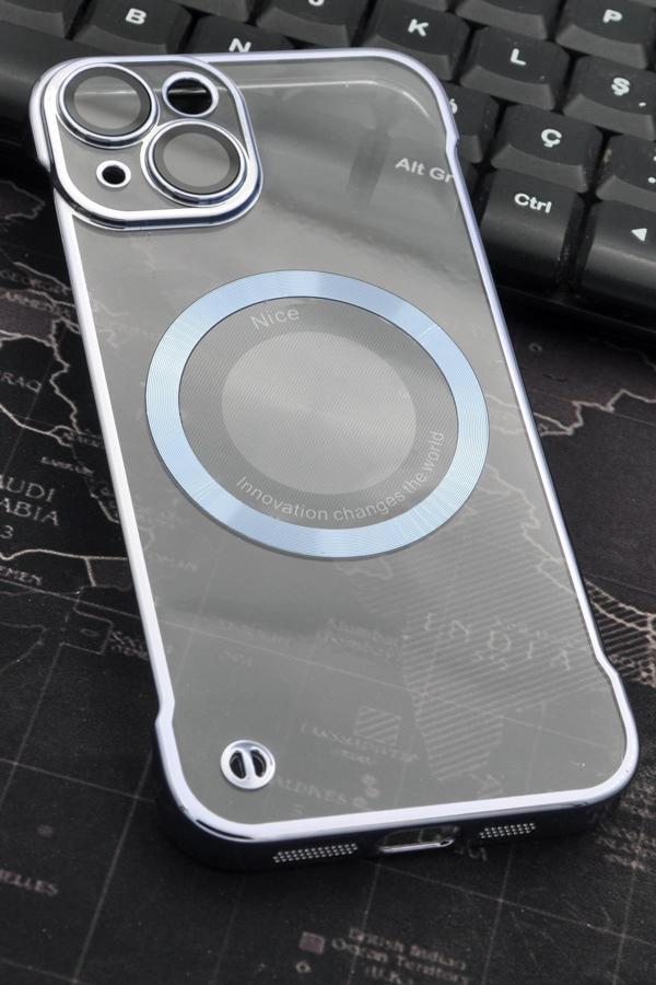 iPhone 14 Uyumlu Mavi Renkli İnce Kenarlı Şeffaf Sert Kapak Kılıf - Image 1