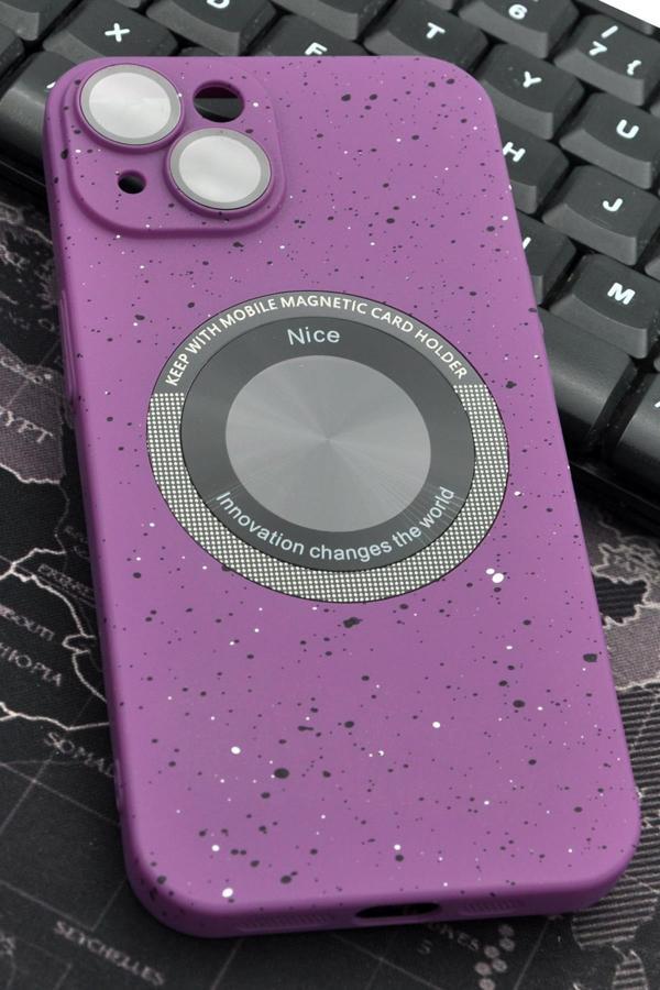 iPhone 14 Uyumlu Mor Benekli Desenli İnce Sert Kapak Kılıf Kamera Lens Korumalı - Image 1