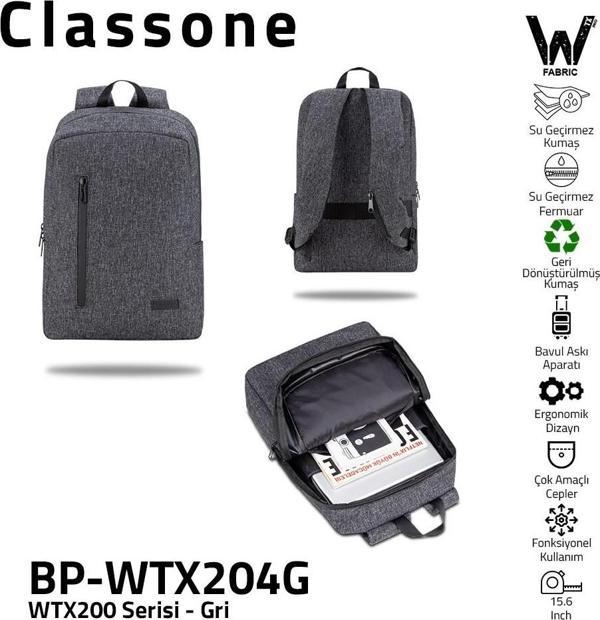 Classone BP-WTX204G 15,6" Su Geçirmez Kumaş Fermuar Notebook Laptop Çantası Gri - Image 1