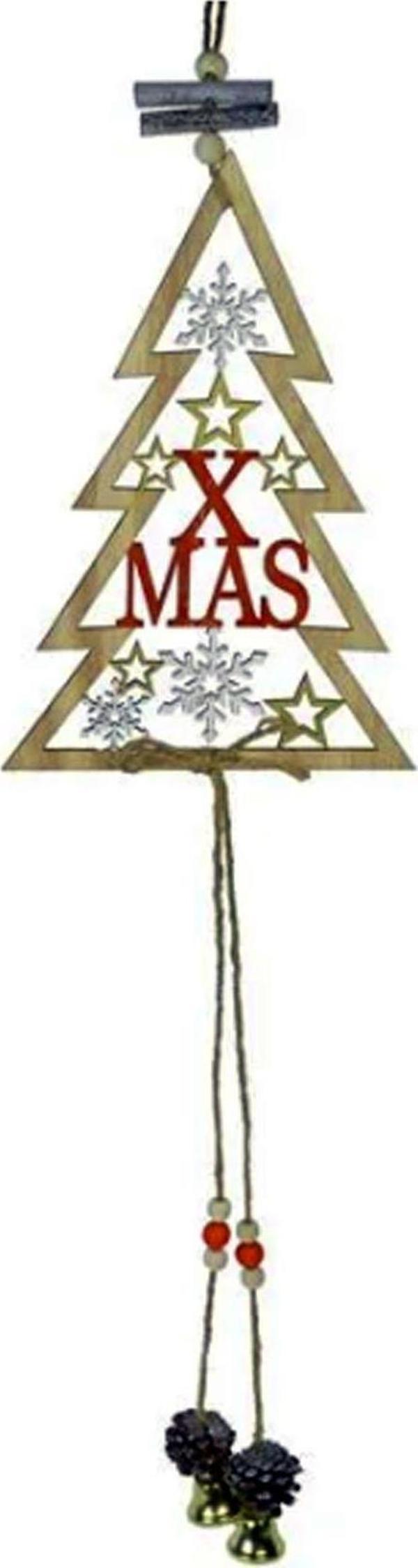 Ahşap Dekoratif Çanlı ve Kozalaklı XMAS Kapı Süsü 65 cm- Dekoratif ve Hediyelik Ahşap Yılbaşı Süsü - Image 1