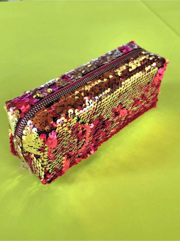 Premium Pullu Renkli Çanta Okul Kalemlik Makyaj Çantası Fermuarlı Plaj El Çantası 20x9x6 cm Pembe - Image 1
