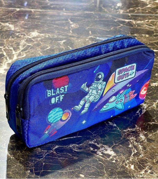 Astronot Uzay Roket Desenli İki Bölmeli Çocuk Okul Mavi Erkek Kalemlik Kalem Kutusu 21 x 11 x 6 cm Mavi - Image 1