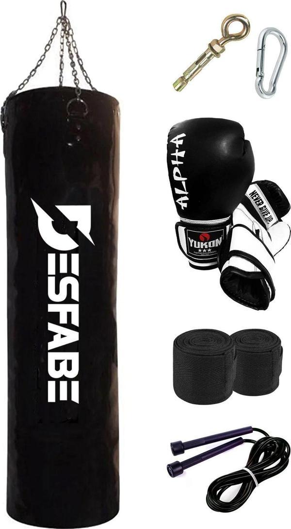 Desfabe Boxing Star 120X32 Cm Zincirli Boks Kum Torbası Siyah Eldiven Bandaj Ip Aparat - Image 1