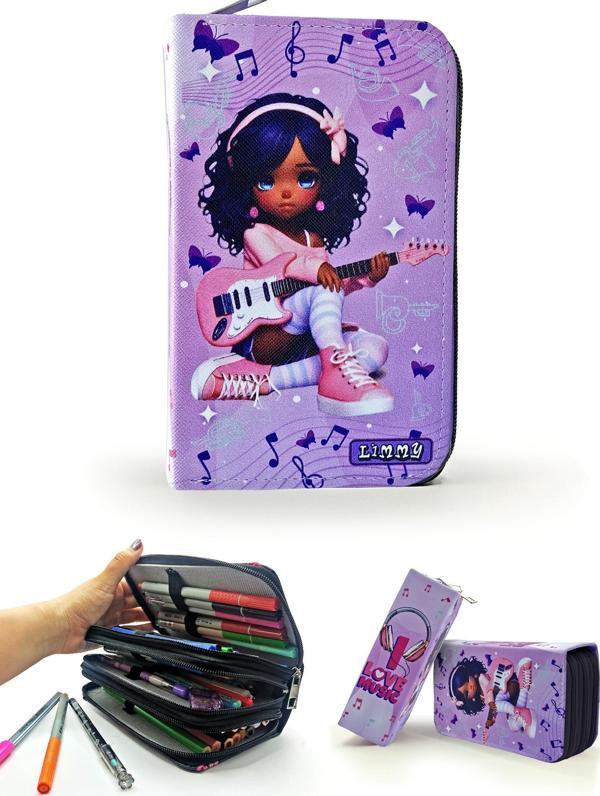 Kalem Kutusu Gitarlı Kız Müzik Kawai Organizer Kalemkutu Vegan Deri Üç Bölmeli Kalemlik Siyah - Image 1