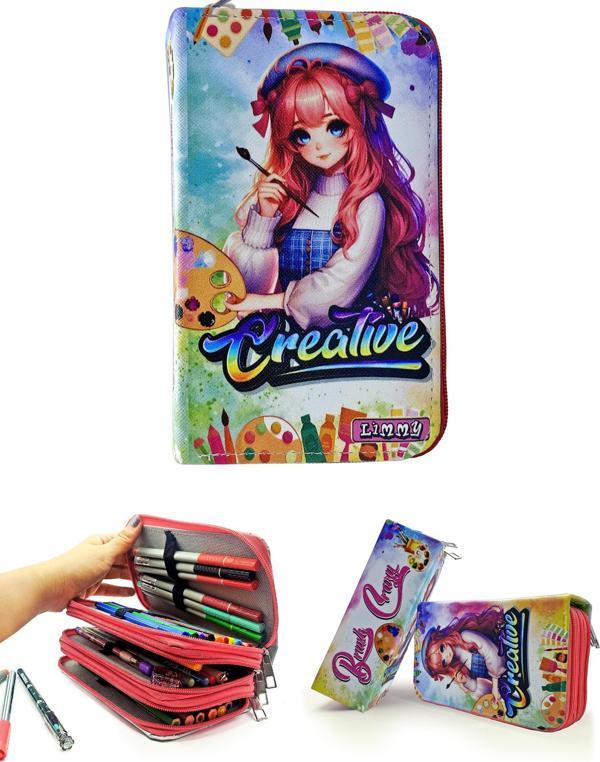 Kalem Kutusu Ressam Kız Resim Kawai Organizer Kalemkutu Vegan Deri Üç Bölmeli Kalemlik Pembe - Image 1