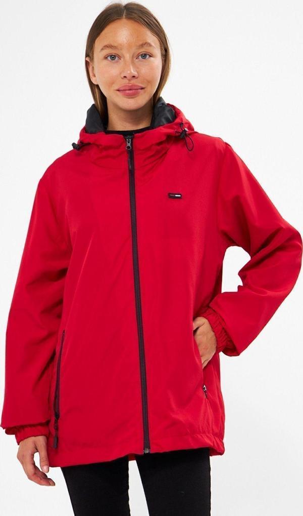Kadın Kırmızı Içi Astarlı Rüzgar Geçirmez Kapüşonlu Cepli Spor Yağmurluk - Rüzgarlık Ceket - Image 1