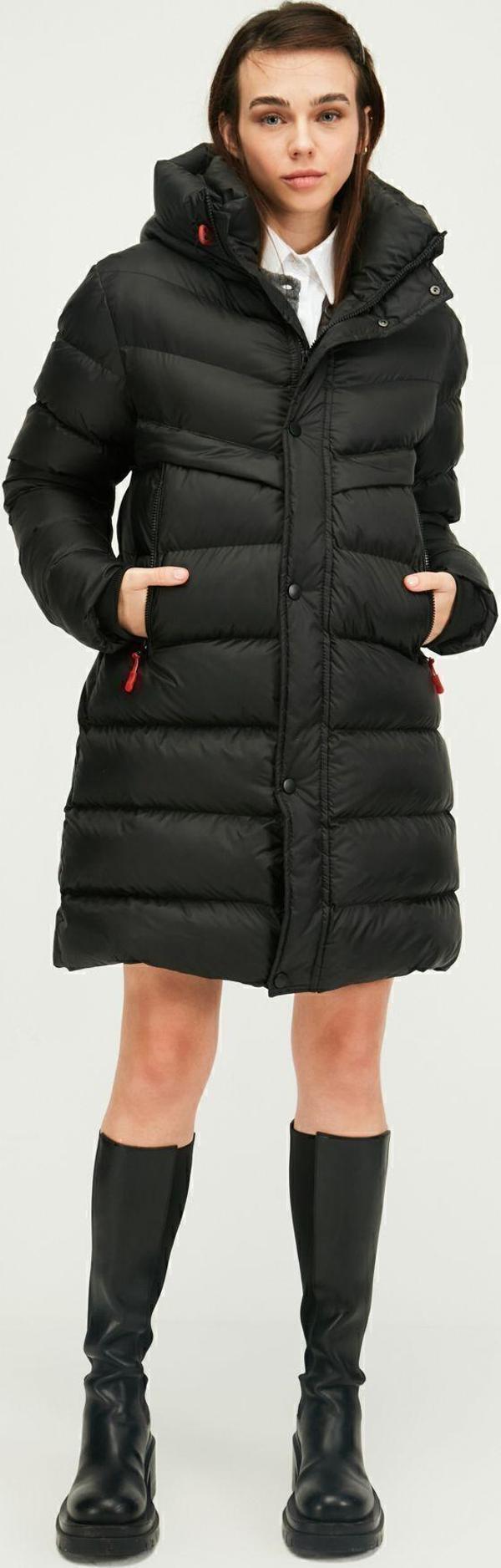 Kadın Kapüşonlu Rüzgar Geçirmez Siyah Şişme Uzun Kışlık Mont Parka Kaban - Image 1