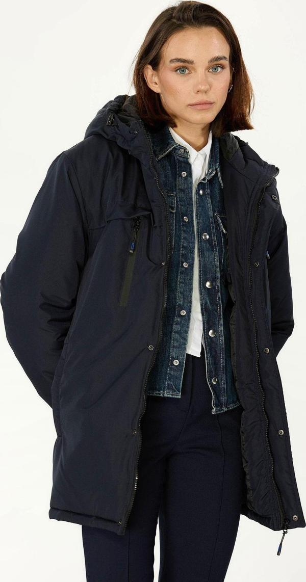 Kadın Kapüşonlu Rüzgar Geçirmez Astarlı Lacivert Kışlık Mont Kaban Parka - Image 1