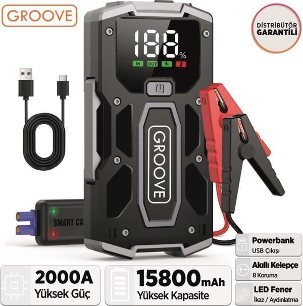 GROOVE M01 15800mAh 2000A Akü Takviye Cihazı Taşınabilir Jump Starter (Powerbank+Led Lamba+LCD Ekran) - Image 1