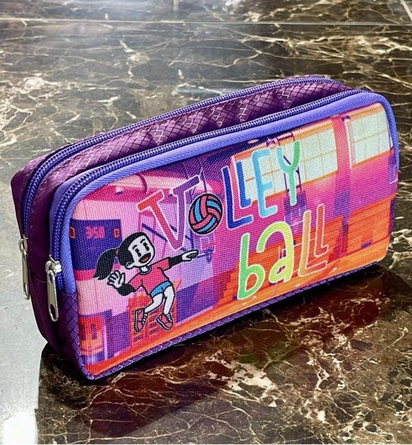 Volleybol Spor Desenli Iki Bölmeli Çocuk Okul Pembe Mor Renkli Kız Kalemlik Kalem Kutusu 21x11x 6cm - Image 1