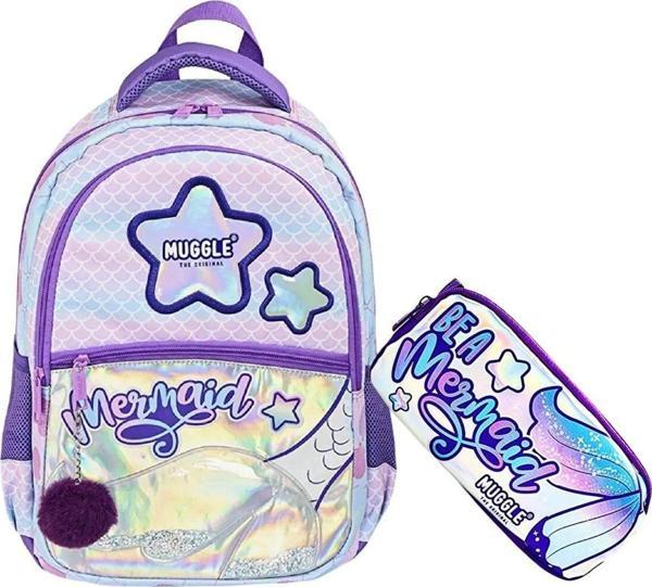 Lila Mermaid Yıldızlı Kız Okul Çantası Sırt Çanta ve Kalemlik 40 x 30x 15cm - Image 1