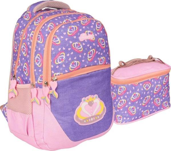 Kalpli Desen Mor Pembe Renkli Kız Çocuk İlkokul Sırt Çantası ve Beslenme Çantası 2li Set - Image 1