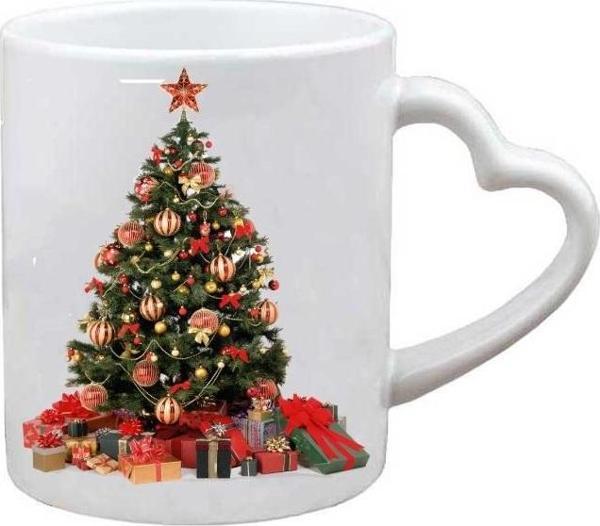 Kişiye Özel Yılbaşı Ağacı Merry Christmas Noel Yeni Yıl Hediye Kalp Kulplu Baskılı Kupa Bardak - Image 1