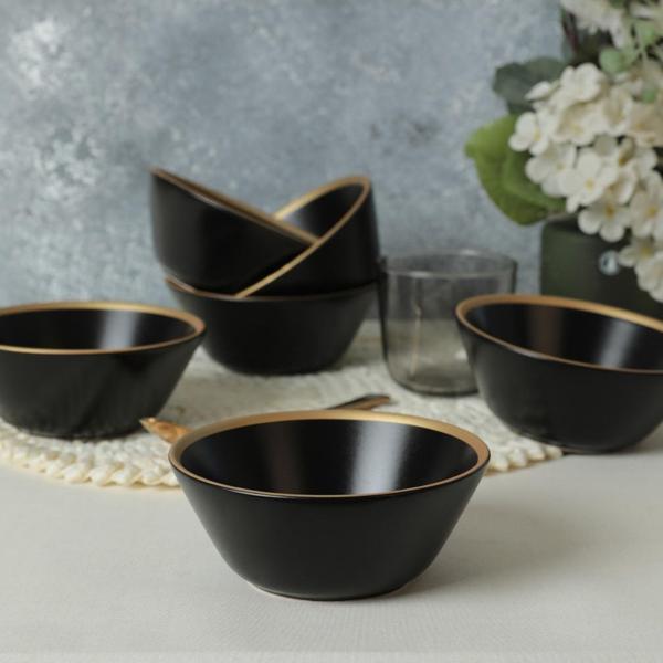 Keramika Mat Siyah Gold File Hitit Çorba Kasesi 14 Cm 6 Adet 956 - Image 1