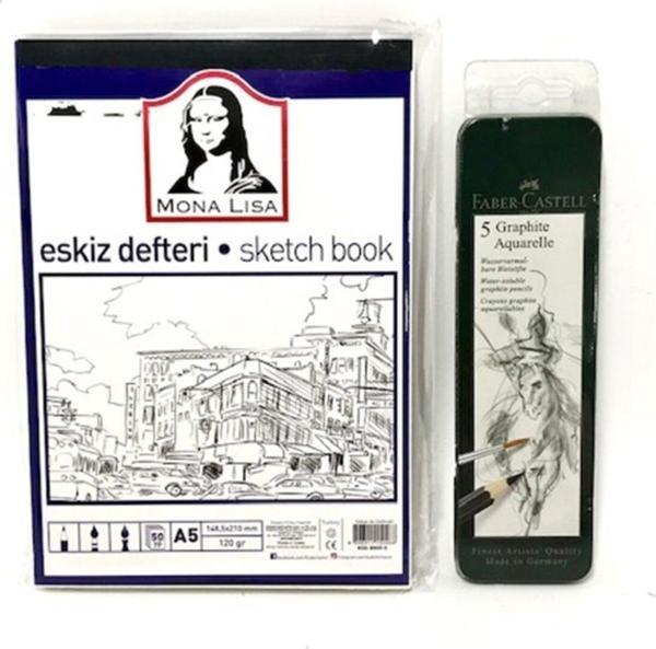 Südor -Faber-Castell Set - Eskiz Defteri A5 120 Gr 50Yp - Graphite Aquarelle Kurşun Kalem Metal Kutu - Image 1