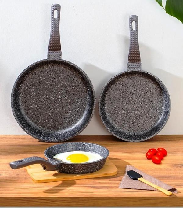 OMS 3737 Fry Pan Döküm Granit 3 Parça Tava Seti Siyah (20-24-28 cm) - Image 1