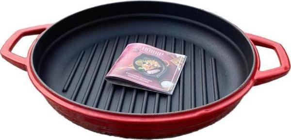 HOSSE 28 cm Yuvarlak Demir Döküm Grill Tava Çift Kulplu Kırmızı - Image 1