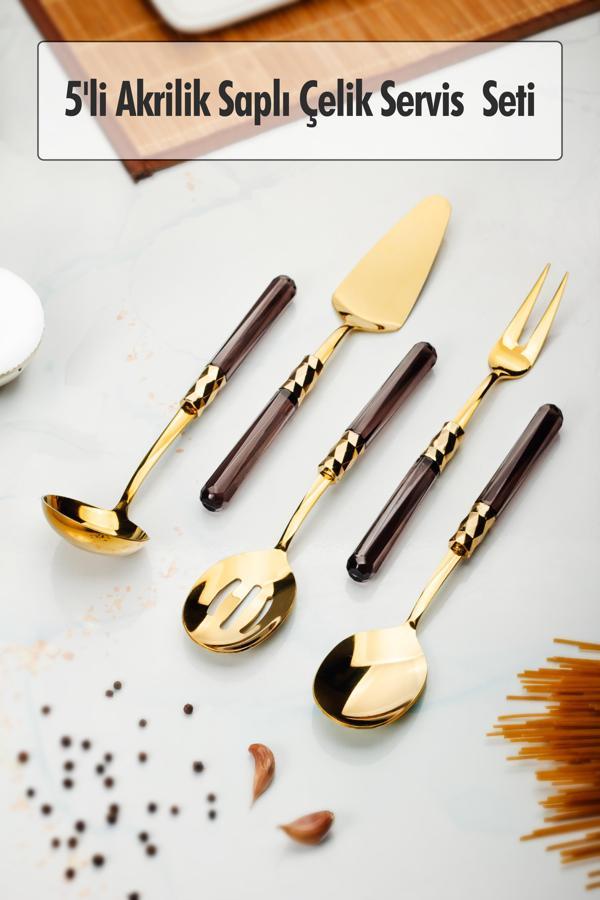 5 Parça Gold Servis Seti & Servis Sunum Seti Füme ( Kepçe / Kevgir / Sıpatula / Çatal / Kaşık ) - Image 1