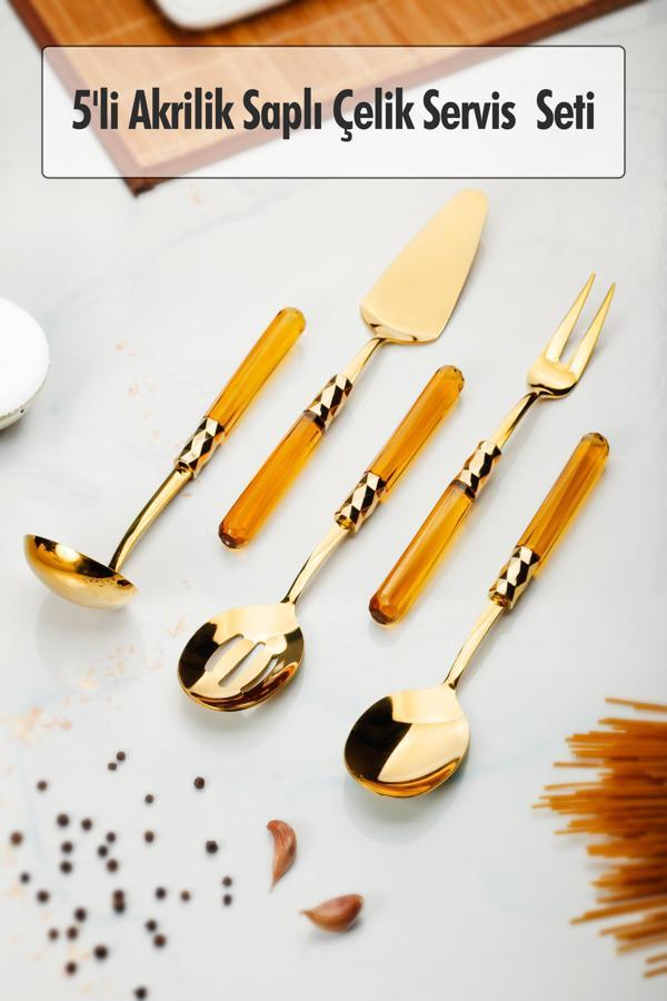 5 Parça Gold Servis Seti & Servis Sunum Seti Amber ( Kepçe / Kevgir / Sıpatula / Çatal / Kaşık ) - Image 1