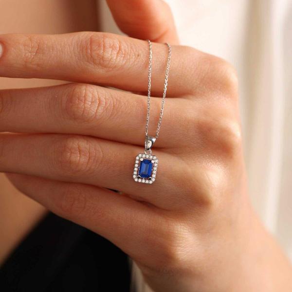 Beyaz Altın Baget Kolye Aquablue Stone - Image 1