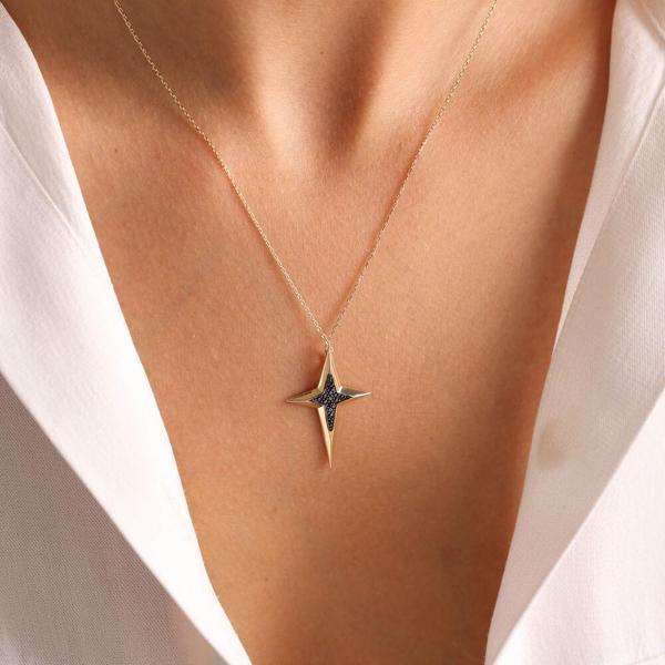 14K Altın Pole Star Kolye Onix  3,0 cm - Image 1