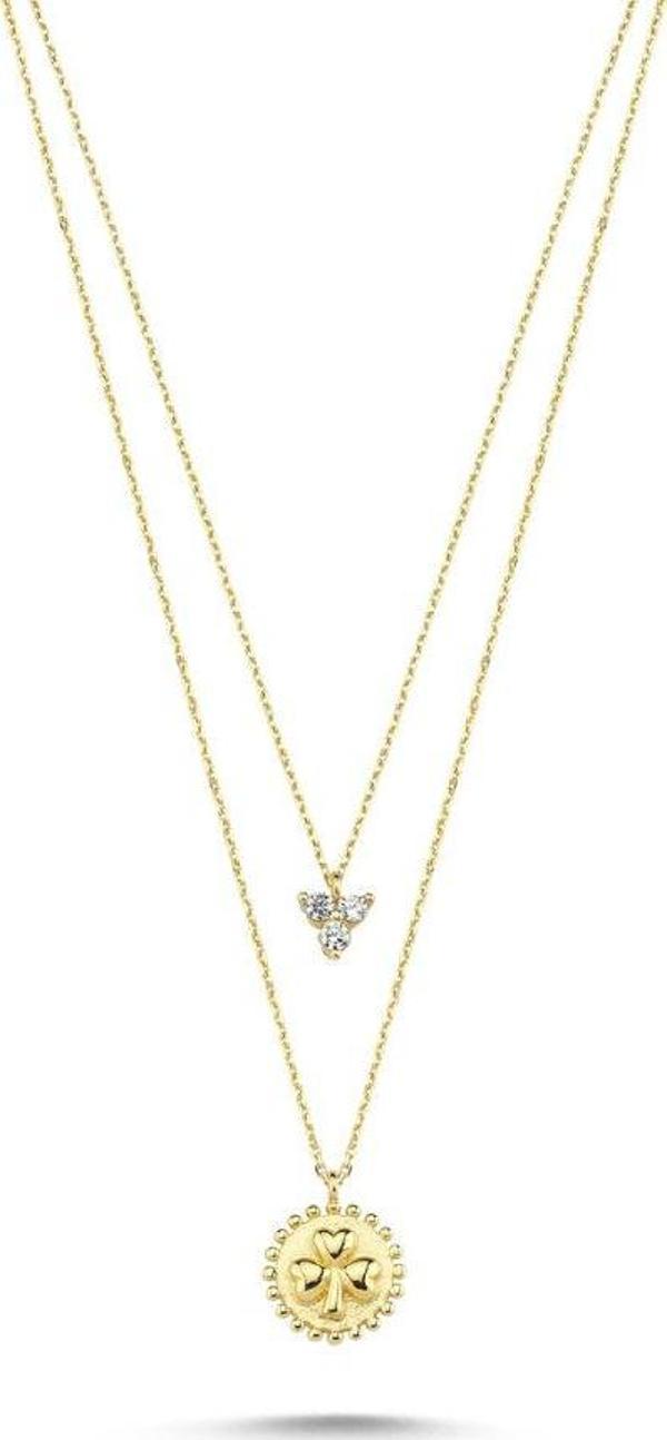 Altın Cemre Kolye 14K Papatyalı Taşlı Çift Zincirli - Image 1