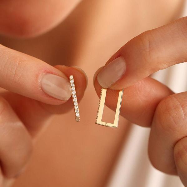 Dikdörtgen Taşlı Altın Halka Küpe 1.5 cm Mini - Image 1