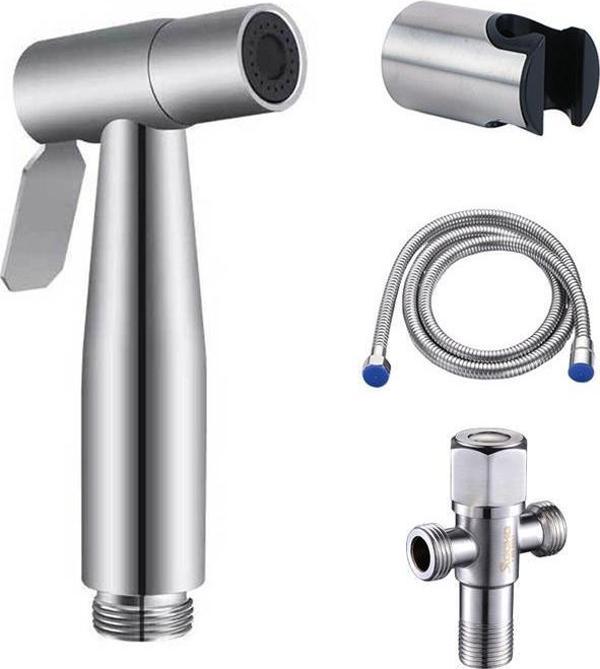 Polham 1.5Metre Hortumlu Sprey Tabancalı Lavabo ve Tuvalet Musluğu, Çelik, Su Sızdırmaz, 4 Parça Set - Image 1