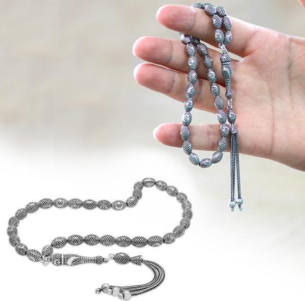 Üçlü Kamçı Püsküllü Telkari Tasarım Ayyıldız Detaylı Arpa Kesim Eskitme Renk 925 Ayar Gümüş Tesbih - Image 1