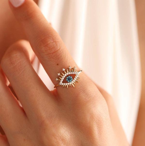 14 Ayar Özel Tasarım Altın Evil Eye Yüzük Firuzeli - Image 1