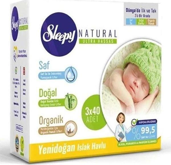 AlışverişTarlası Sleepy Natural Yenidoğan Islak Pamuklu Havlu 3X40 - Image 1