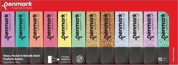 Penmark Fosforlu Kalem 12 li Renk 6 Pastel + 6 Simli Blisterli Set - Image 1