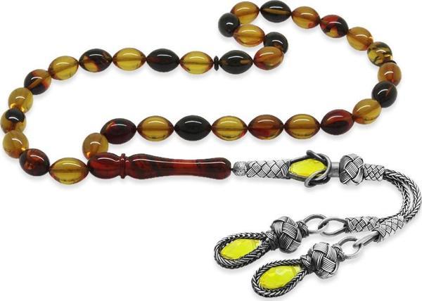 1000 Ayar Gümüş Kazaz Püsküllü Arpa Kesim Bala-Siyah Ateş Kehribar Tesbih - Image 1