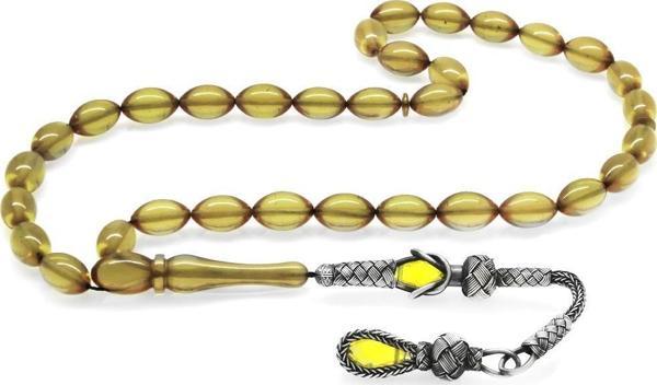 1000 Ayar Gümüş Kazaz Püsküllü Arpa Kesim Sarı Ateş Kehribar Tesbih - Image 1