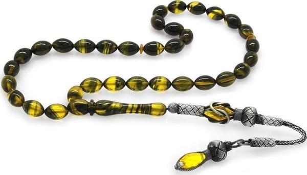 1000 Ayar Gümüş Kazaz Püsküllü Arpa Kesim Sarı-Siyah Ateş Kehribar Tesbih - Image 1