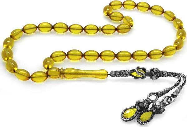 1000 Ayar Gümüş Kazaz Püsküllü Arpa Kesim Şeffaf Sarı Ateş Kehribar Tesbih - Image 1