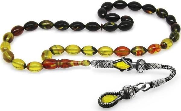 1000 Ayar Gümüş Kazaz Püsküllü Arpa Kesim Süzme Bala-Siyah Ateş Kehribar Tesbih - Image 1