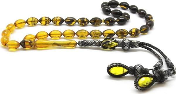 1000 Ayar Gümüş Kazaz Püsküllü Arpa Kesim Süzme Sarı-Siyah Ateş Kehribar Tesbih - Image 1