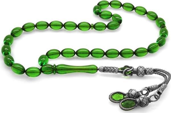 1000 Ayar Gümüş Kazaz Püsküllü Arpa Kesim Yeşil Ateş Kehribar Tesbih - Image 1