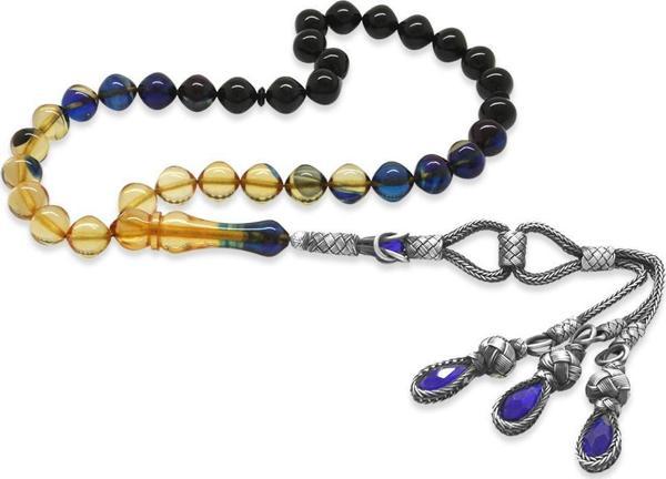 1000 Ayar Gümüş Kazaz Püsküllü İstanbul Kesim Süzme Mavi-Beyaz Ateş Kehribar Tesbih - Image 1