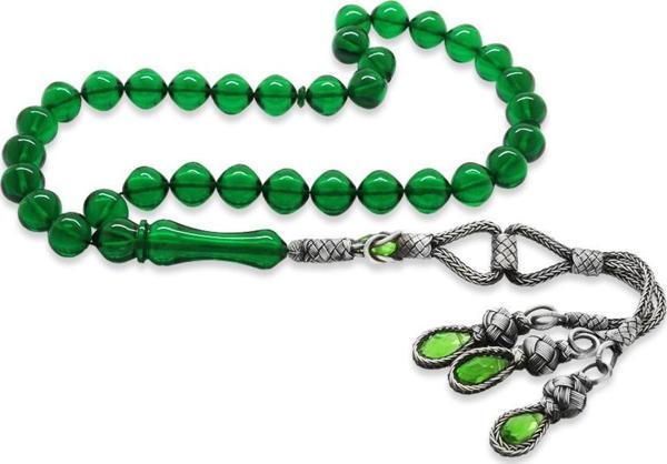 1000 Ayar Gümüş Kazaz Püsküllü İstanbul Kesim Yeşil Ateş Kehribar Tesbih - Image 1