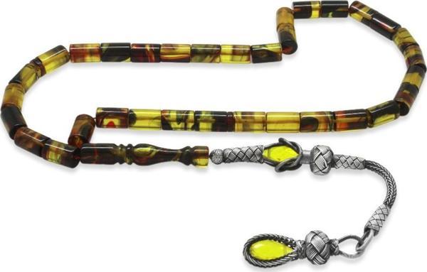 1000 Ayar Gümüş Kazaz Püsküllü Kesme Kesim Bala-Siyah Ateş Kehribar Tesbih - Image 1