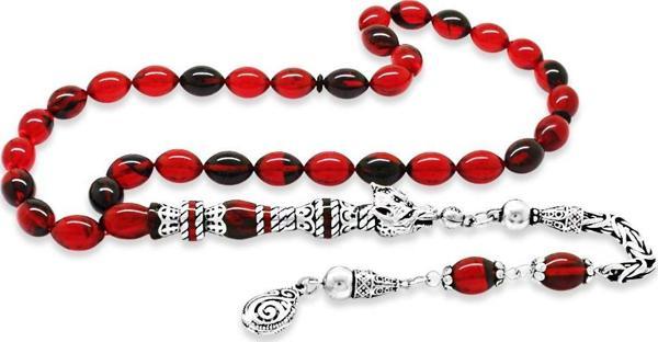 925 Ayar Gümüş Kral Püsküllü Nakkaş İmameli Kurt Başı Tasarım Kırmızı-Siyah Ateş Kehribar Tesbih - Image 1