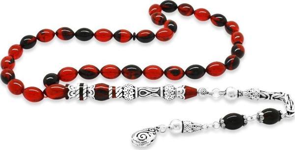 925 Ayar Gümüş Kral Püsküllü Nakkaş İmameli Lale Tasarım Kırmızı-Siyah Ateş Kehribar Tesbih - Image 1