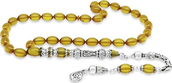 925 Ayar Gümüş Kral Püsküllü Nakkaş İmameli Lale Tasarım Sarı Ateş Kehribar Tesbih - Image 1